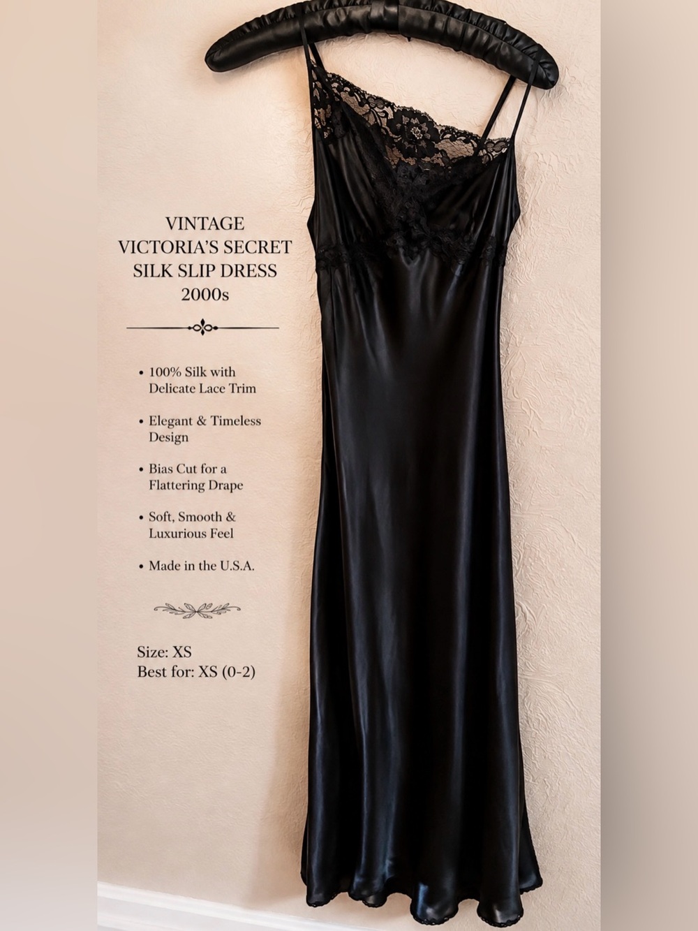 VTG Victoria's Secret Black Silk Lace Slip Gown Y2K Asymmetrical Neckline